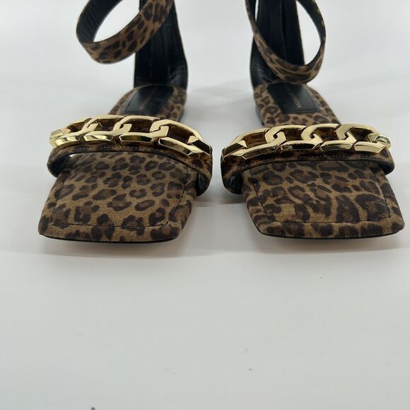 Good American Leopard Print Ankle Strap Sandals with Gold Chain Detail Size 9.5 - Picture 2 of 10